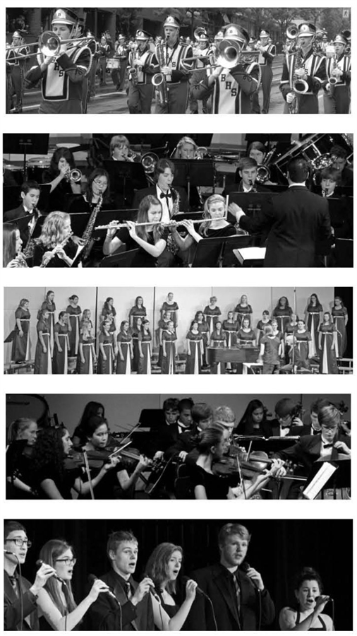 collage of band, choir, and orchestra photos