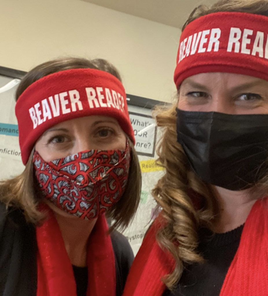 Ms Elam and Ms Chambers with Beaver Reader headbands