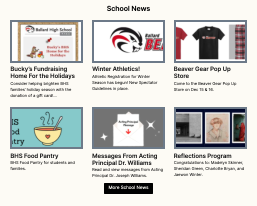 School News icons, Buckys, Athletics Beaverhead, Spiritwear, Pantry, Acting Principal Message envelope, student artwork
