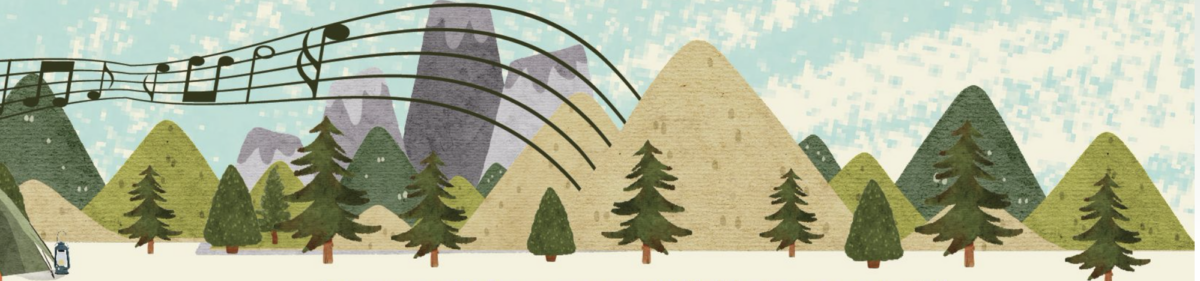 Musical notes among hills and tree graphics