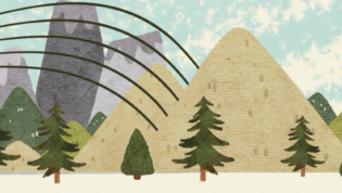 Musical notes among hills and tree graphics