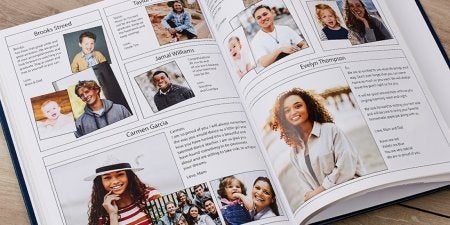 Yearbook open with students and call out layout example