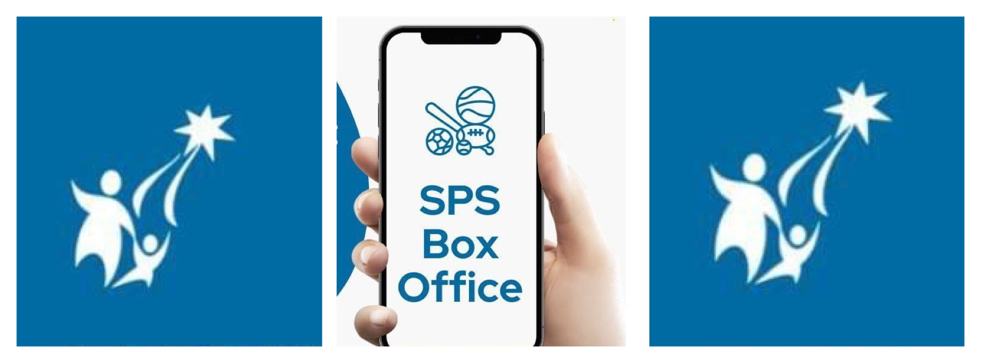 SPS Logos and Cell Phone with Sports Equipment and text: SPS Box Office