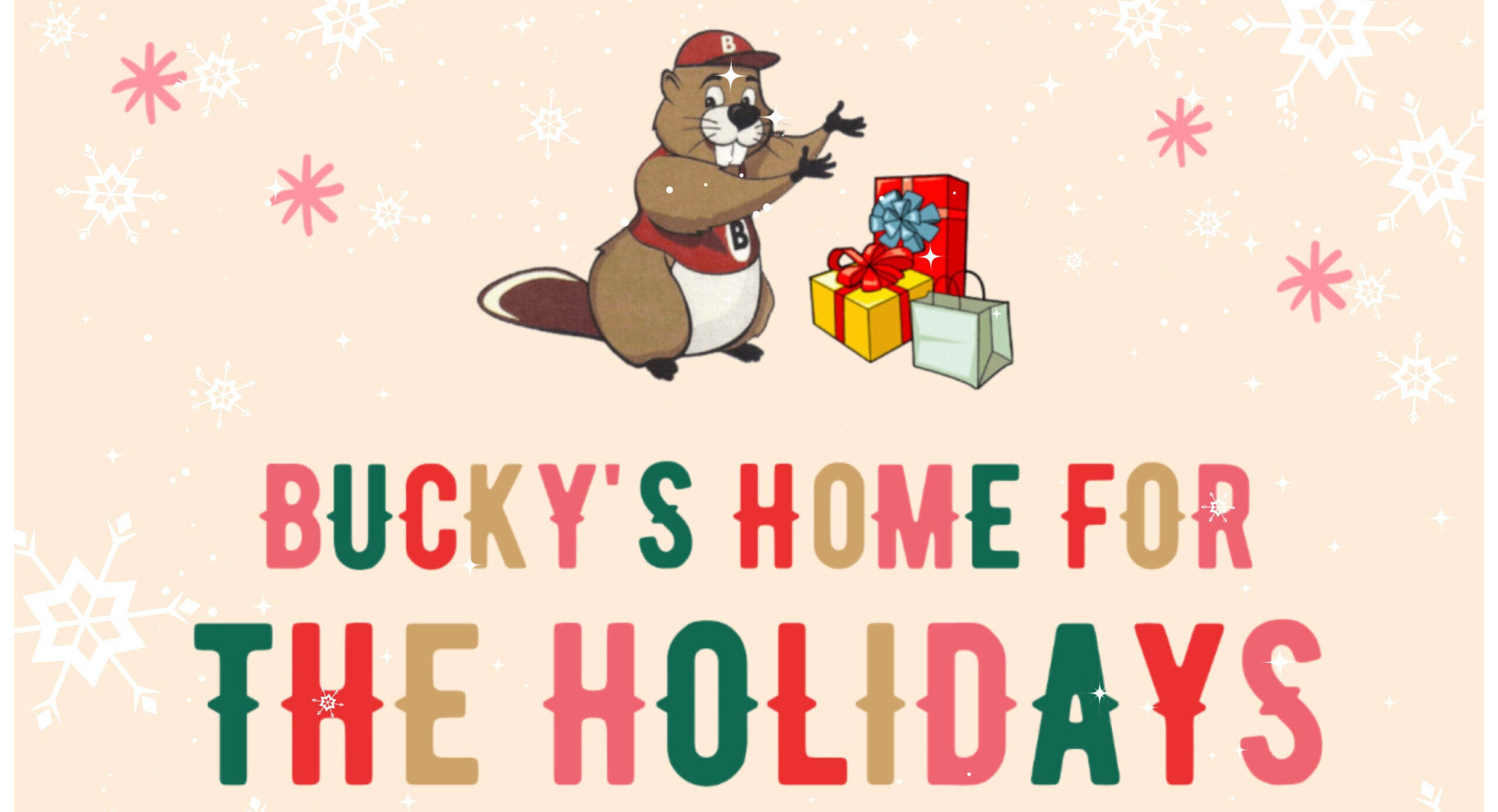 Bucky and presents. Text: Bucky's Home For the Holidays Donate Gift Cards