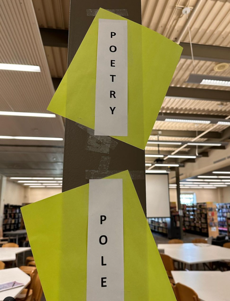 Poetry posters on a pole in the BHS Library
