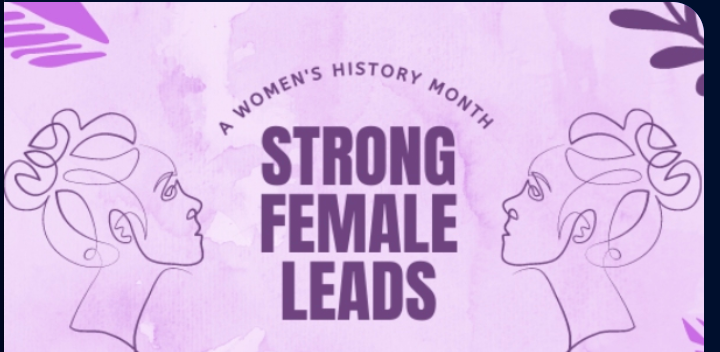 Text: Strong Female Leads with drawings of 2 women talking to each other against a purple background.